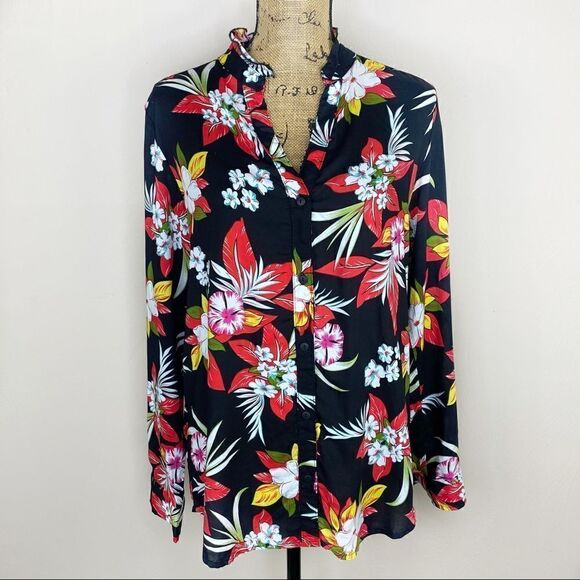 Life Style Tropical Floral Palm Print Ruffle Collar Button Down Shirt Black L - Picture 1 of 13